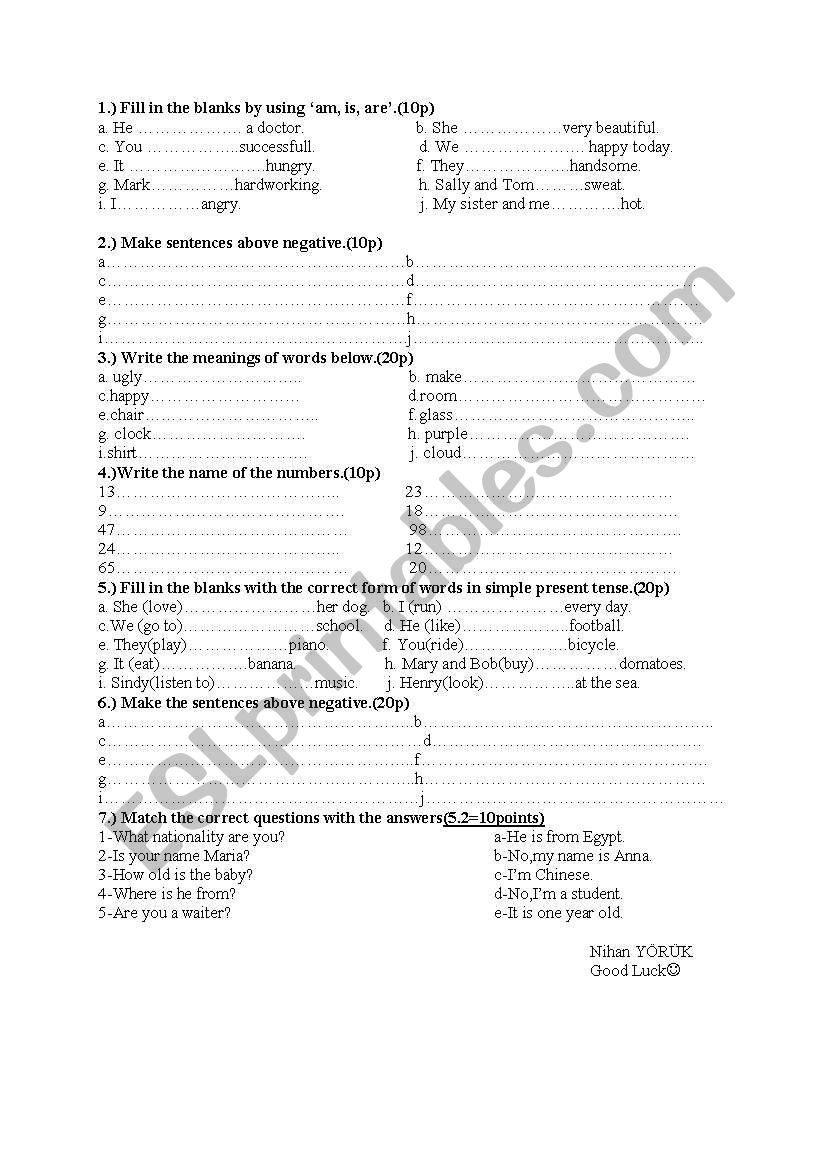 beginners test worksheet