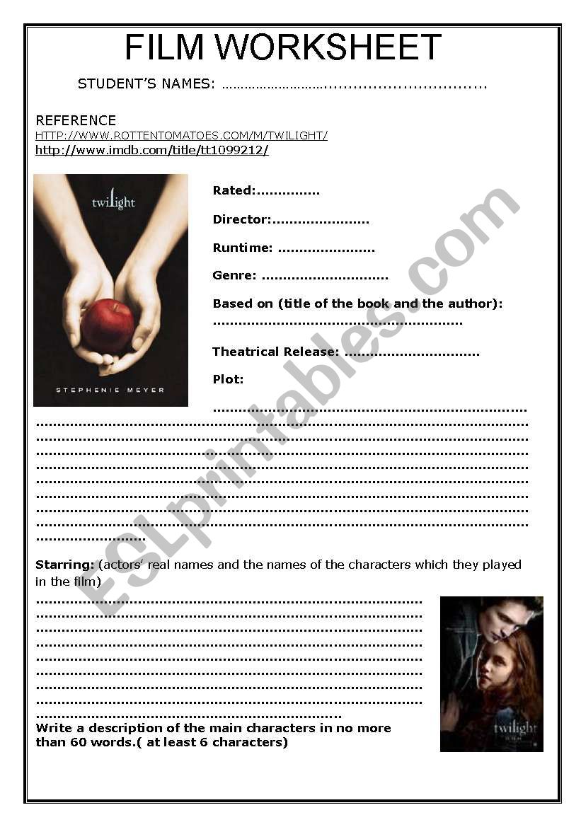 TWILIGHT FILM WORKSHHET worksheet