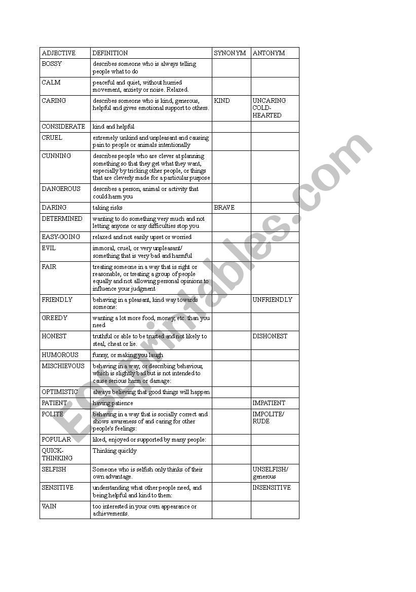 personality adjectives worksheet