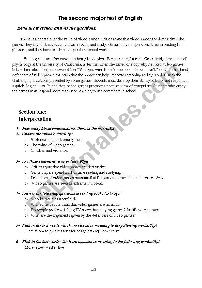             Video Games worksheet