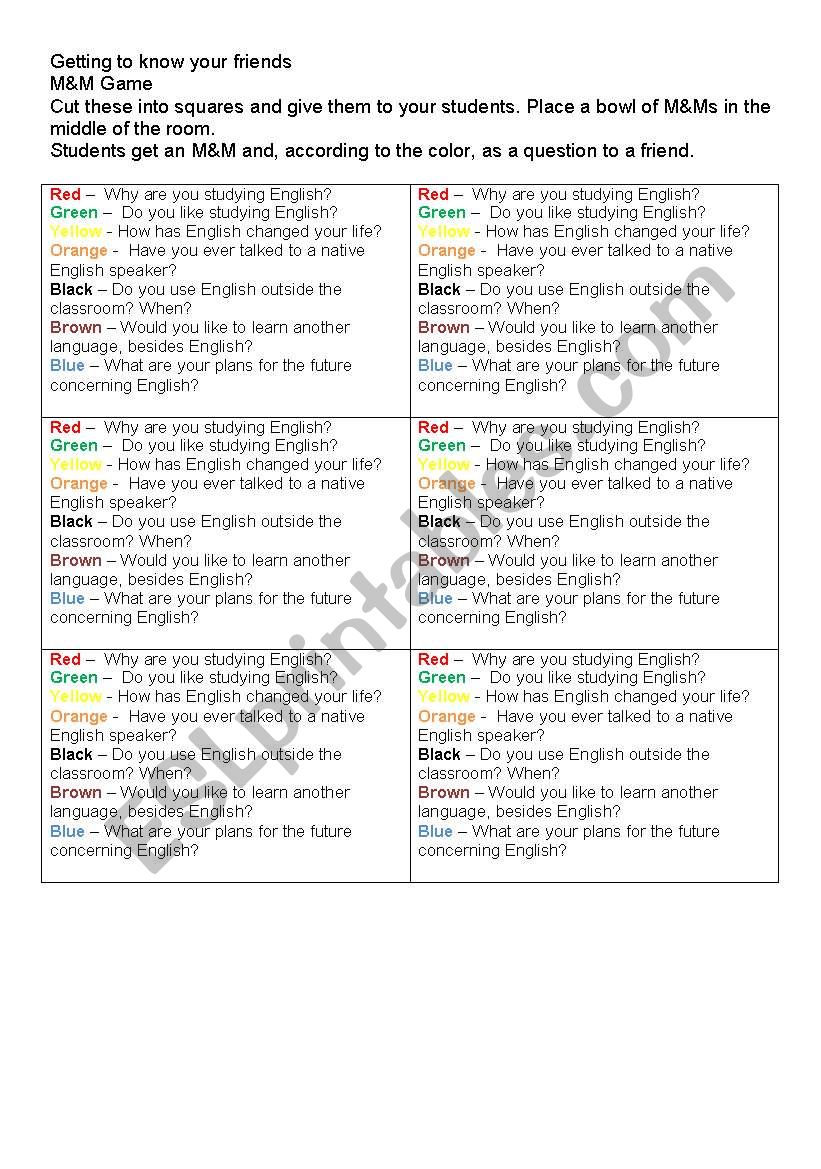 M&M Game worksheet