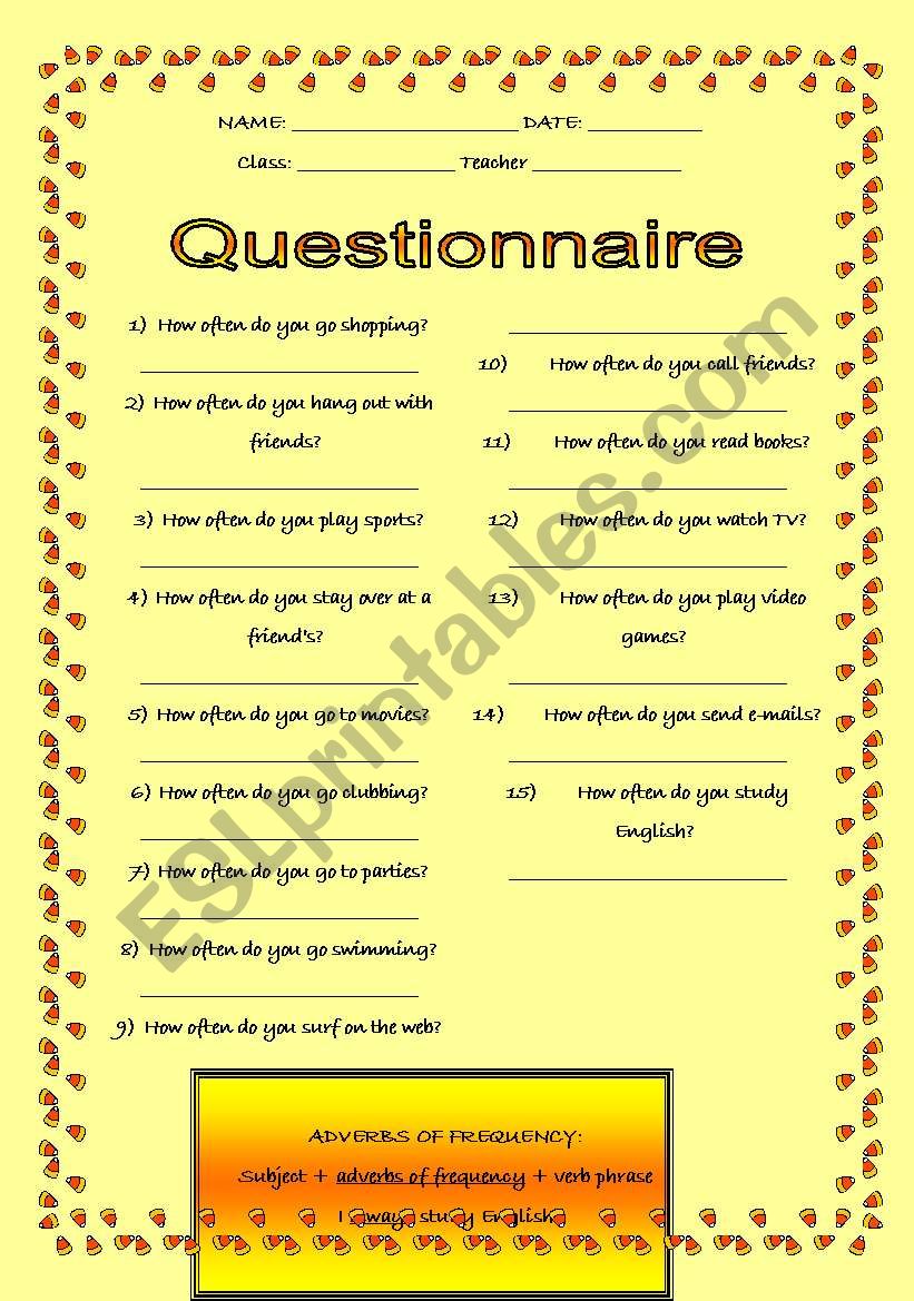 ADVERBS OF FREQUENCY QUESTIONNAIRE