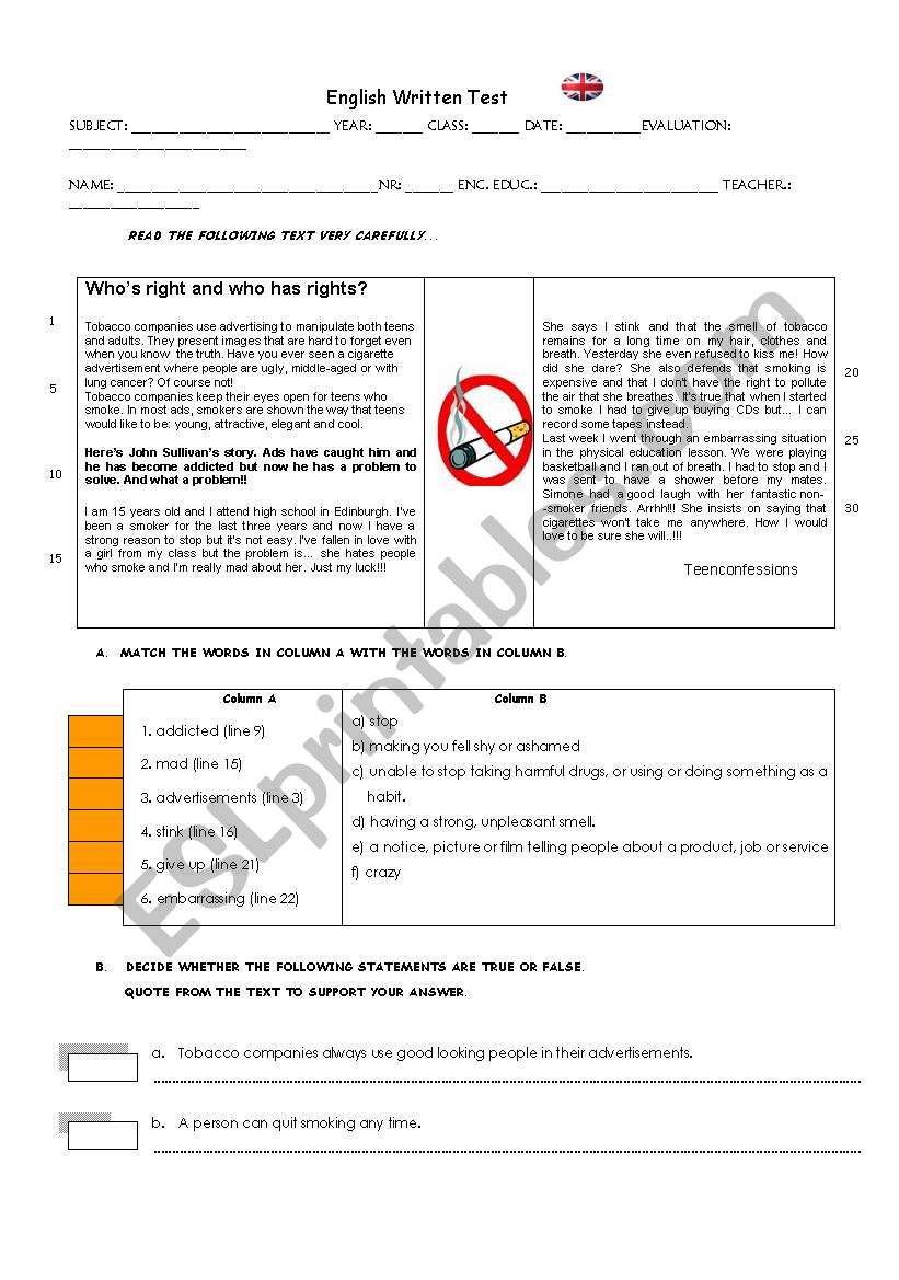 Test about Tobacco worksheet