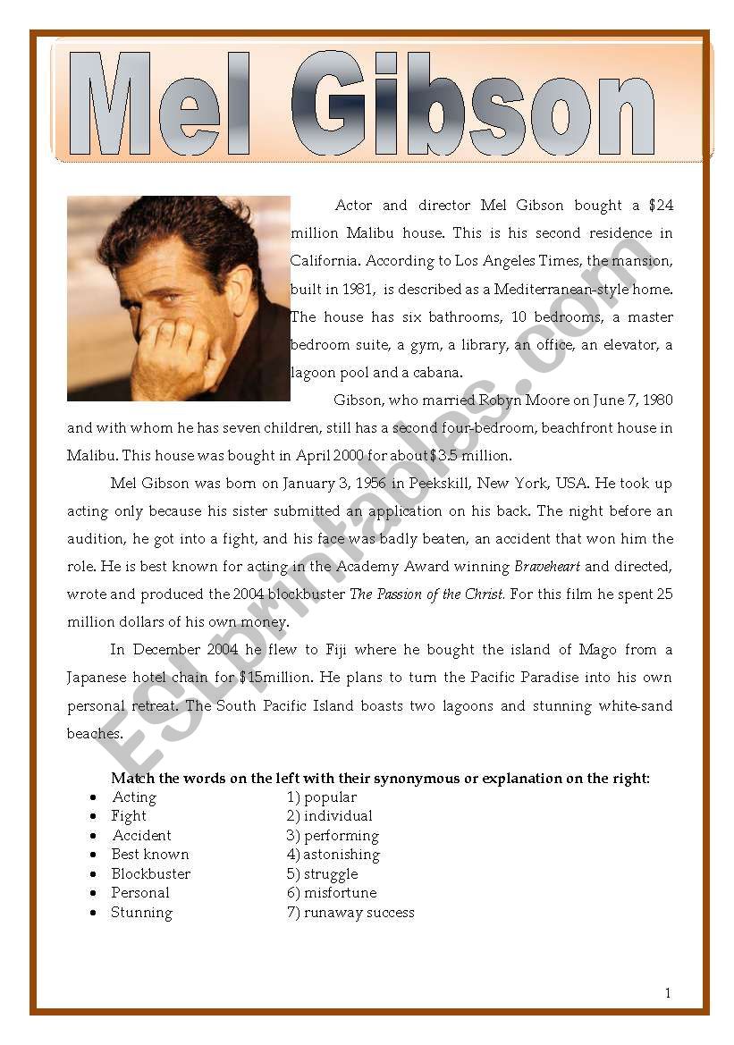 Mel Gibson worksheet