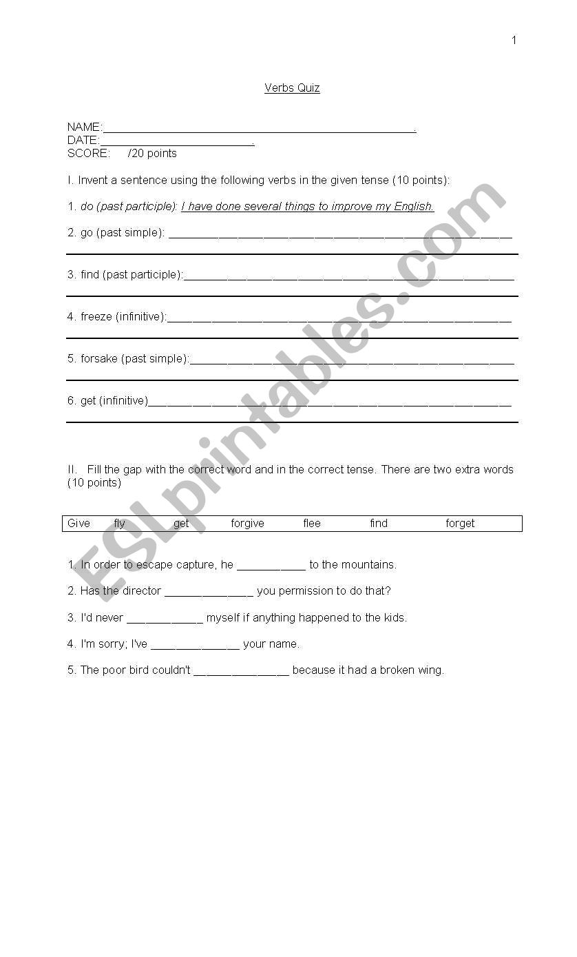Irregular Verbs Quiz worksheet