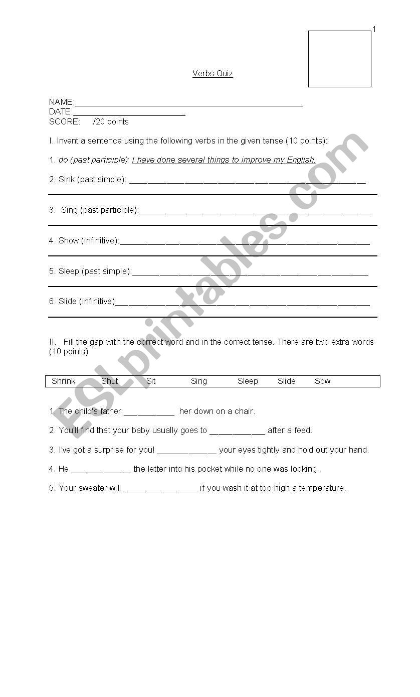 Irregular Verbs Quiz worksheet
