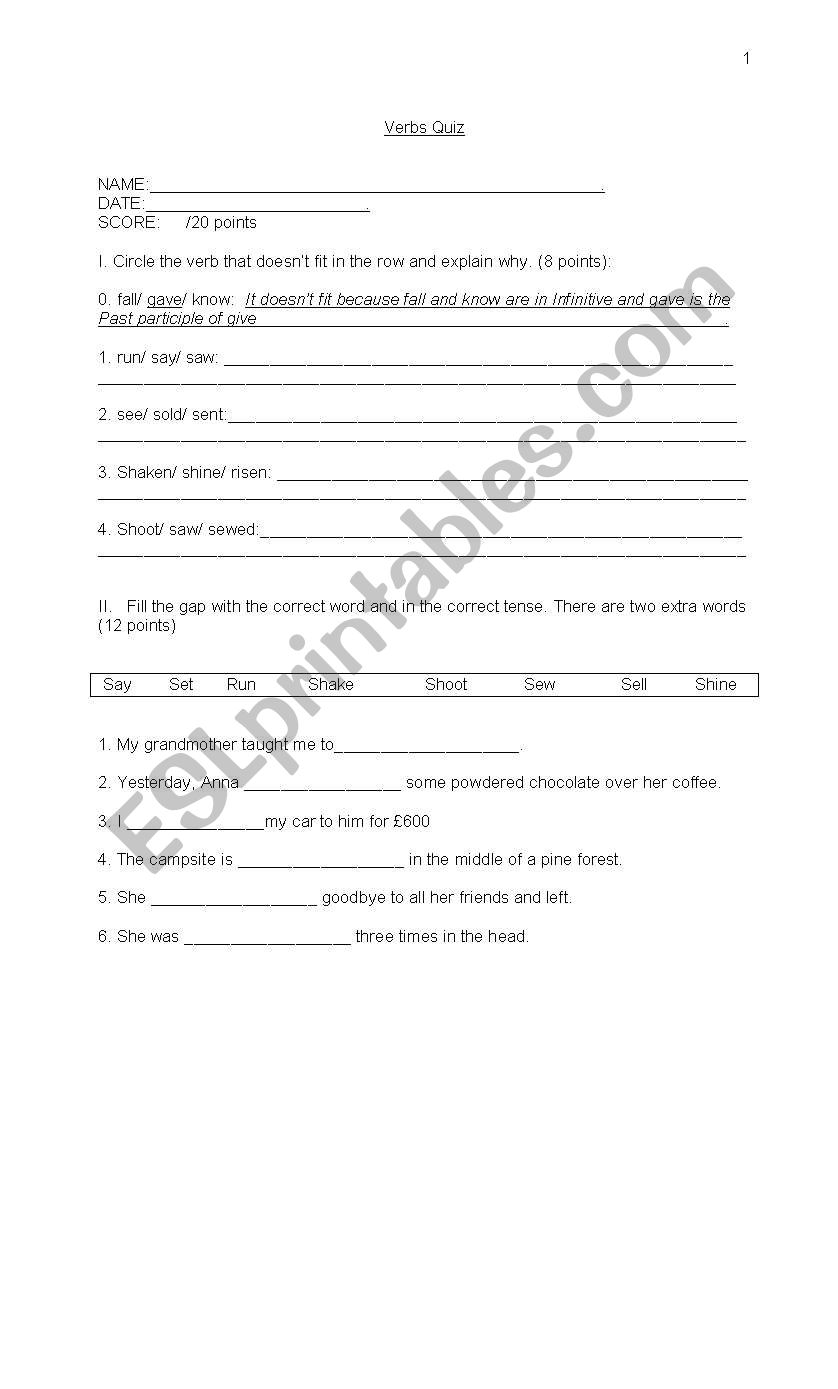 Irregular Verbs Quiz worksheet