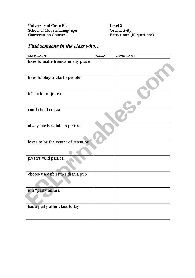 Party time oral interview worksheet
