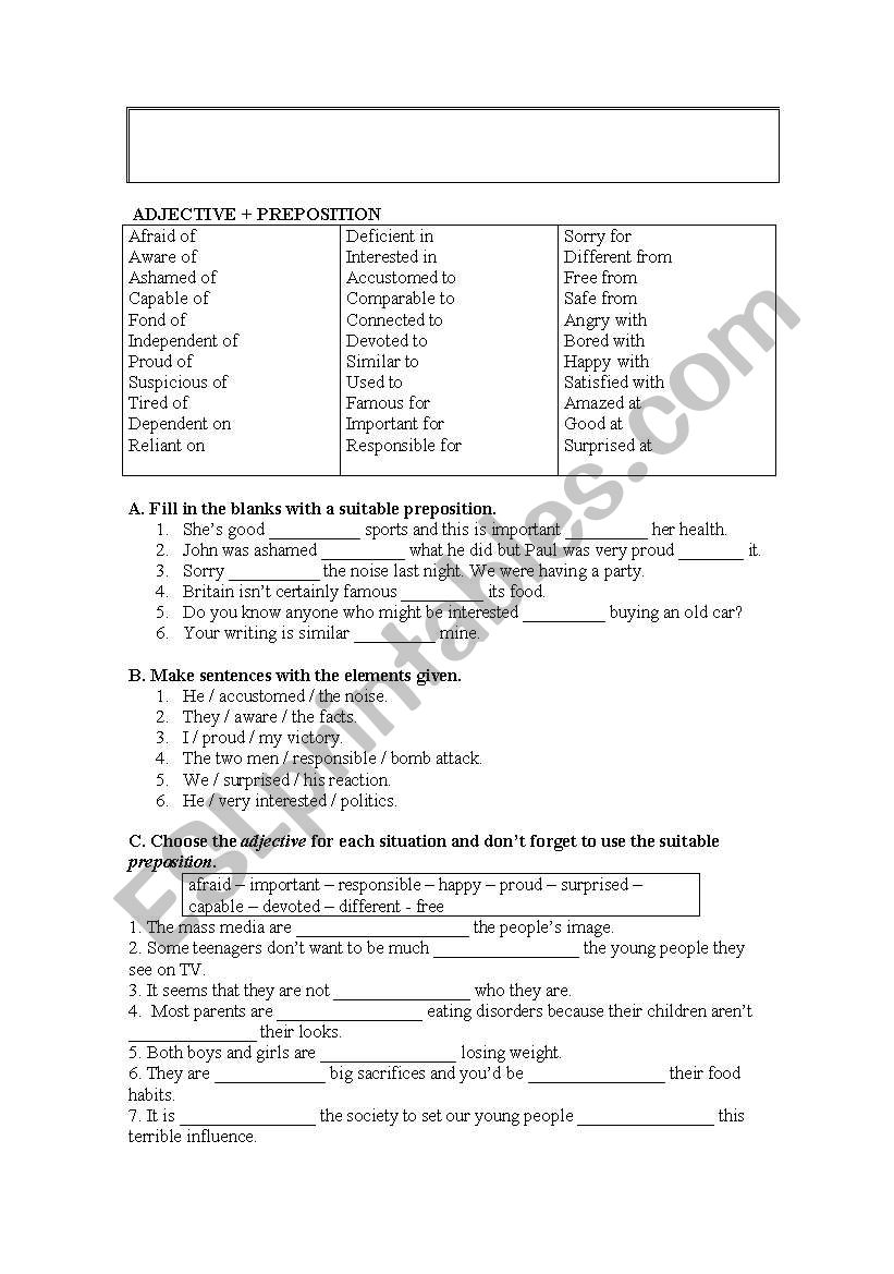 adjective + preposition worksheet