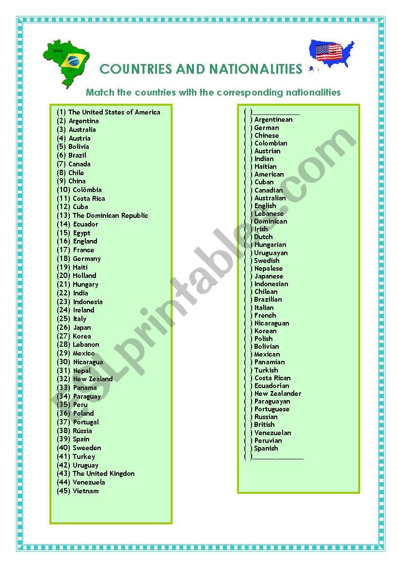Countries and Nationalities worksheet