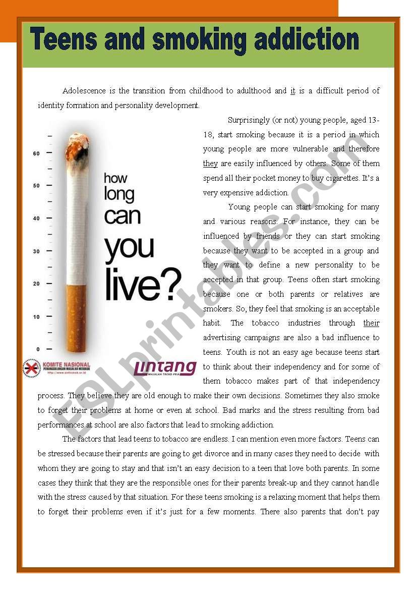 Teens and smoking addiction worksheet