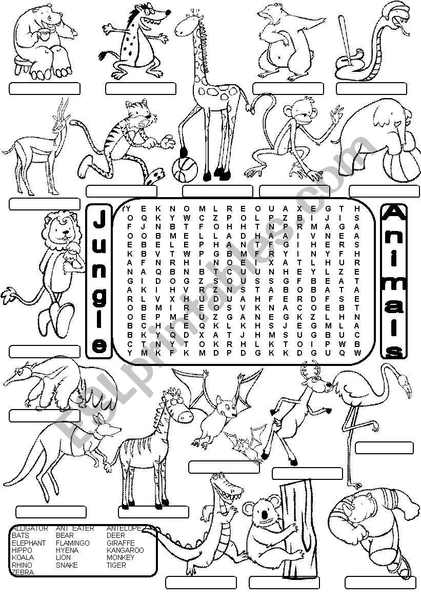 Wordsearch JUNGLE ANIMALS worksheet