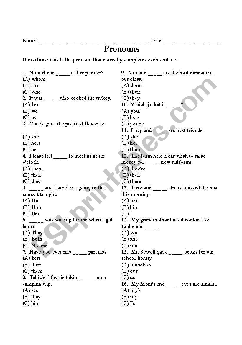 Pronouns Exercise worksheet