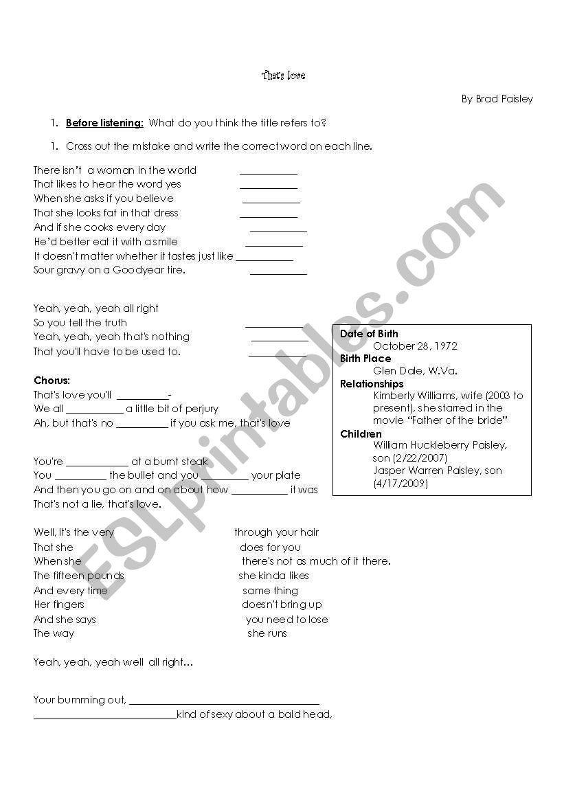 Thats love by Brad Paisley worksheet