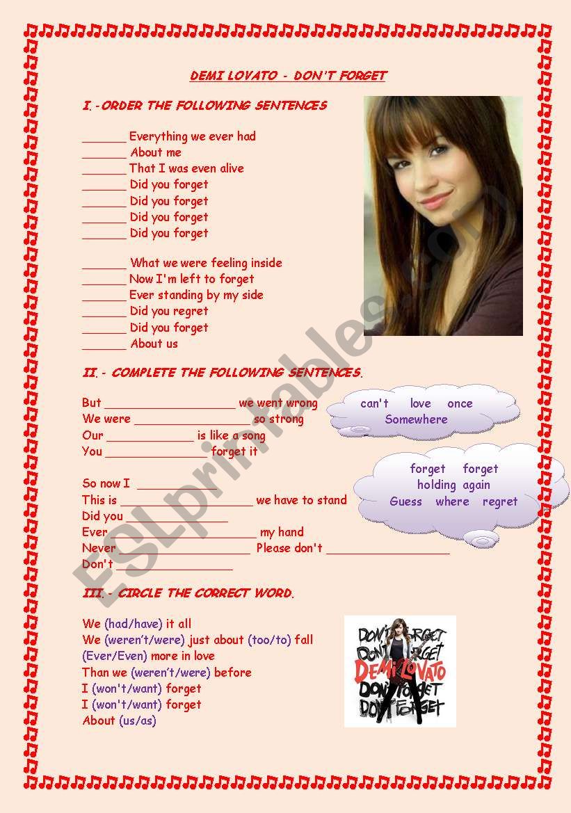 Dont forget by Demi Lovato worksheet