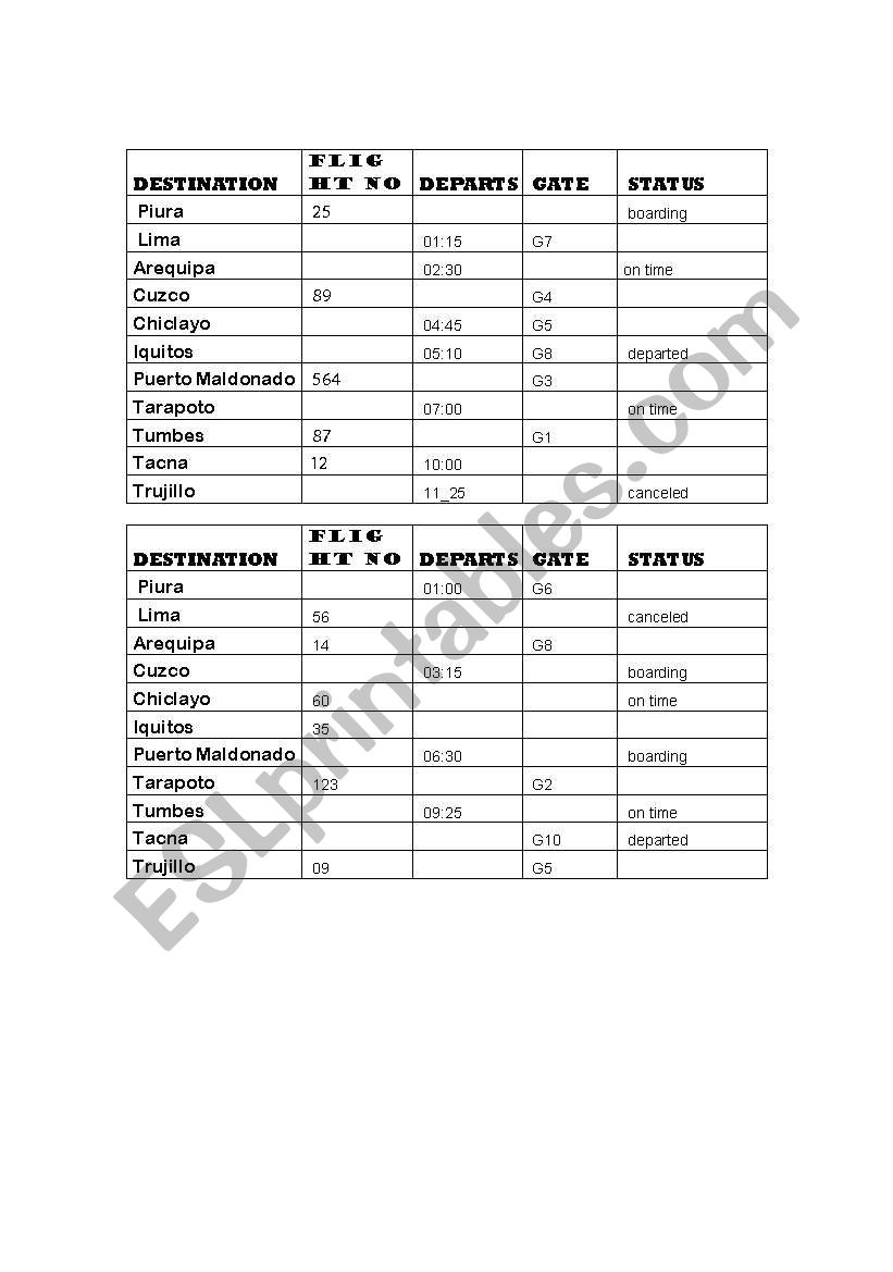 destinations timetable worksheet