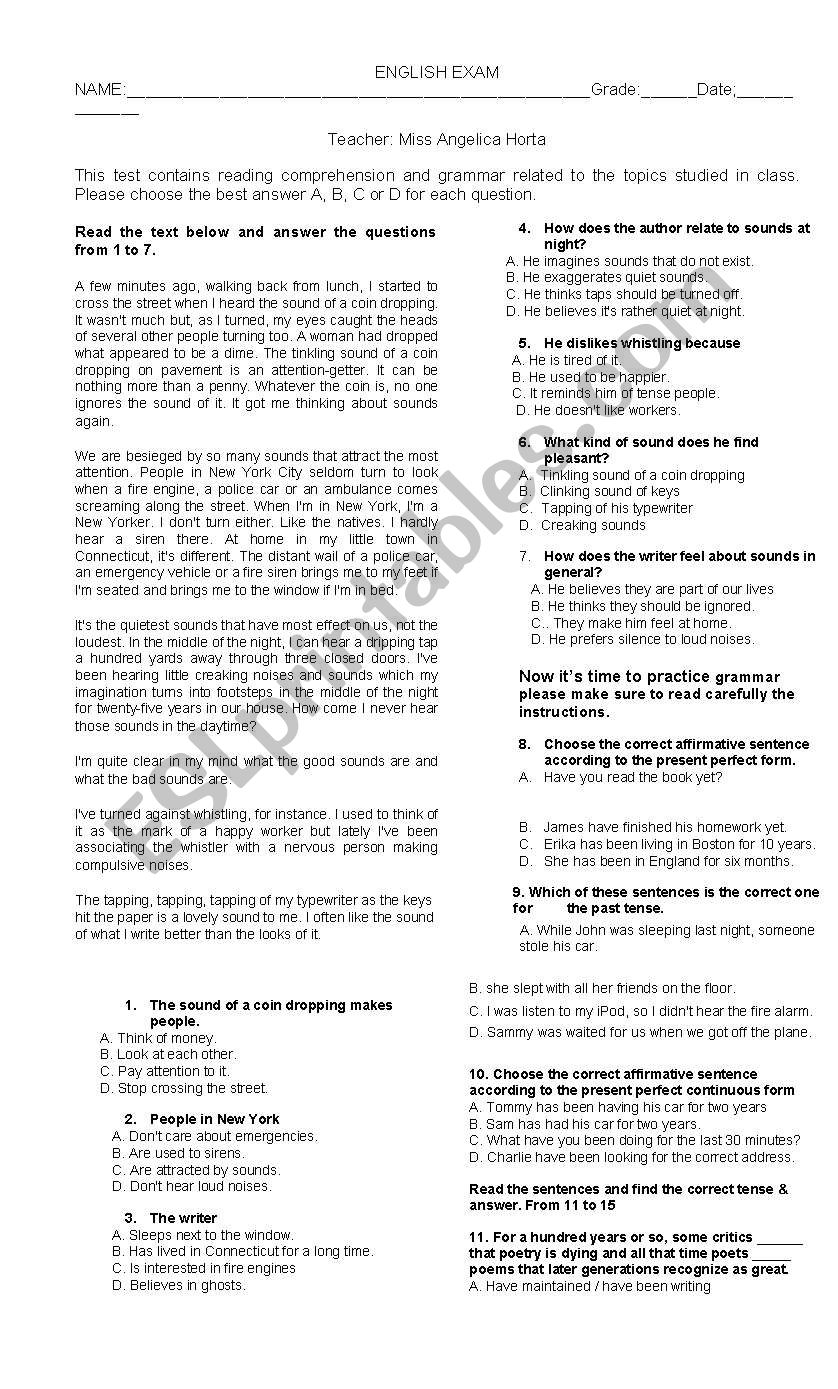 Exam worksheet