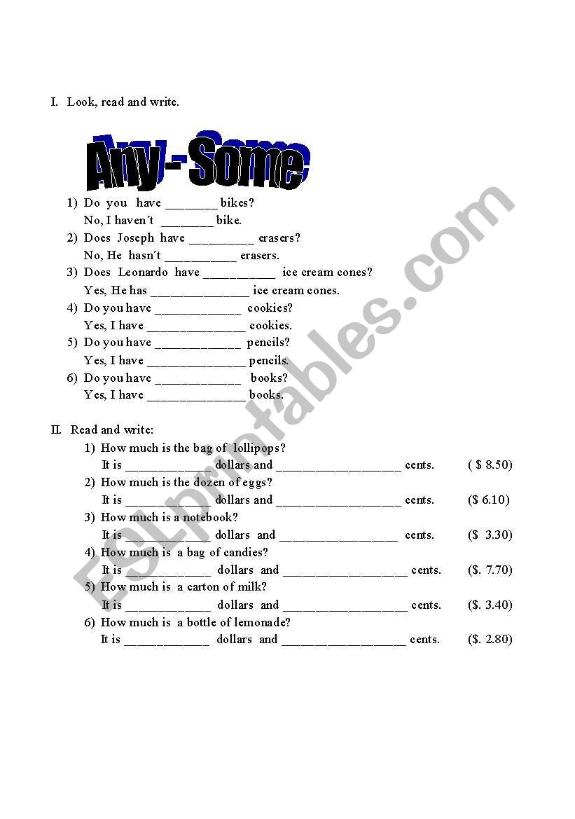 Any Some and Numbers worksheet