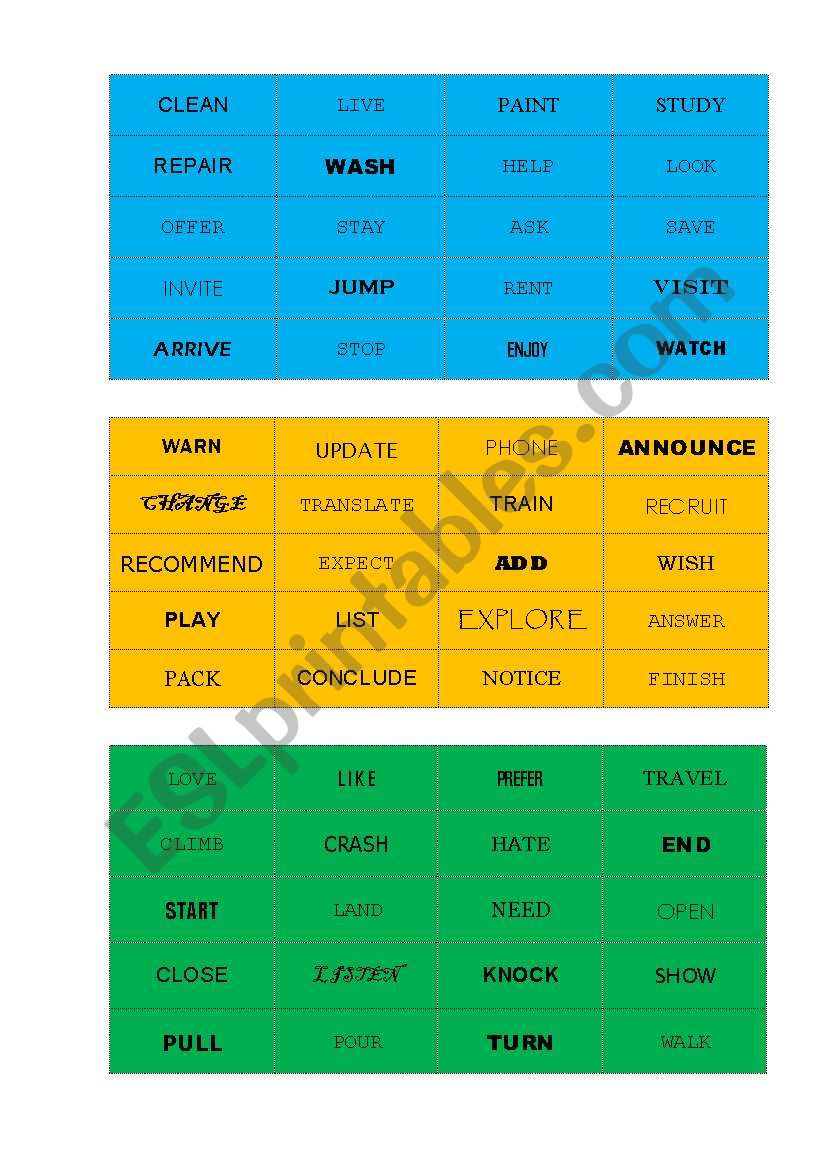 Regular verbs game cards worksheet