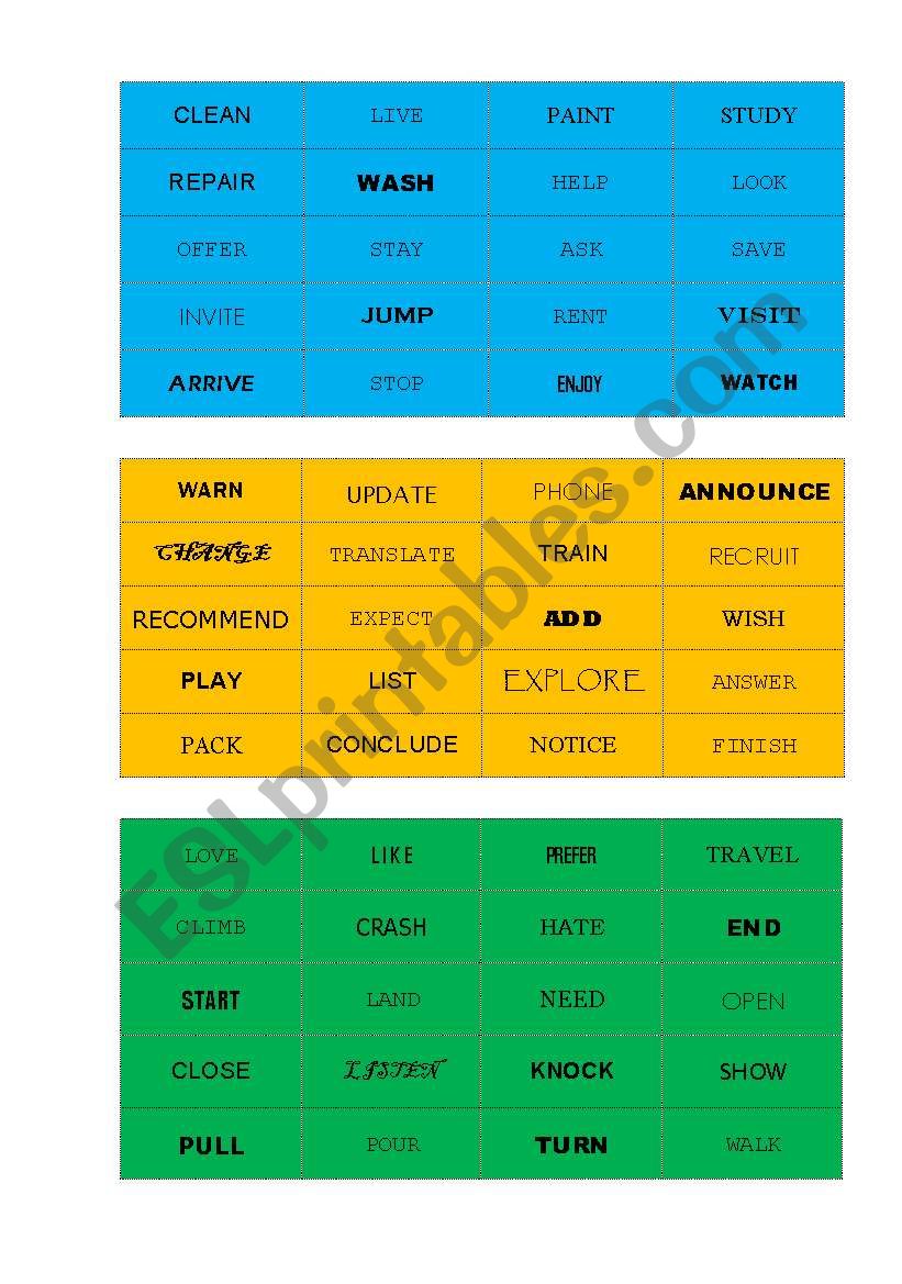 Regular verbs game cards worksheet