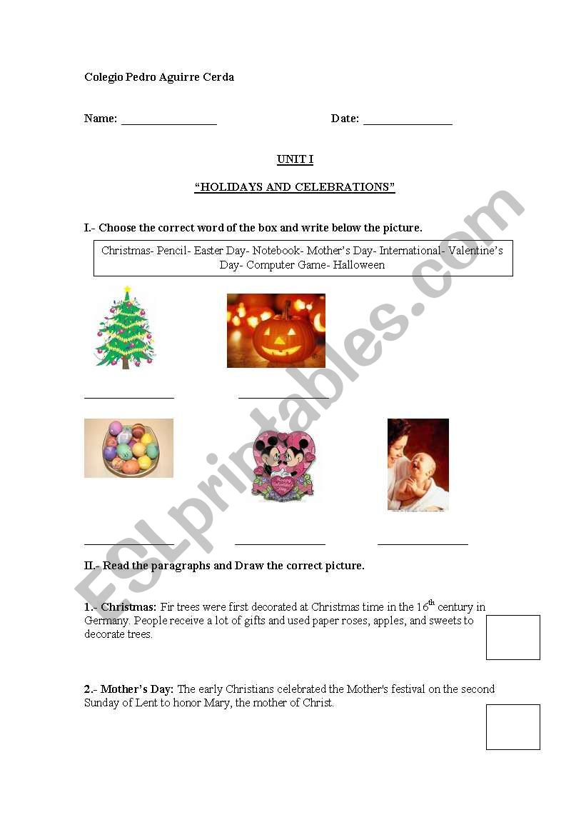 Worksheet on holidays and celebrations