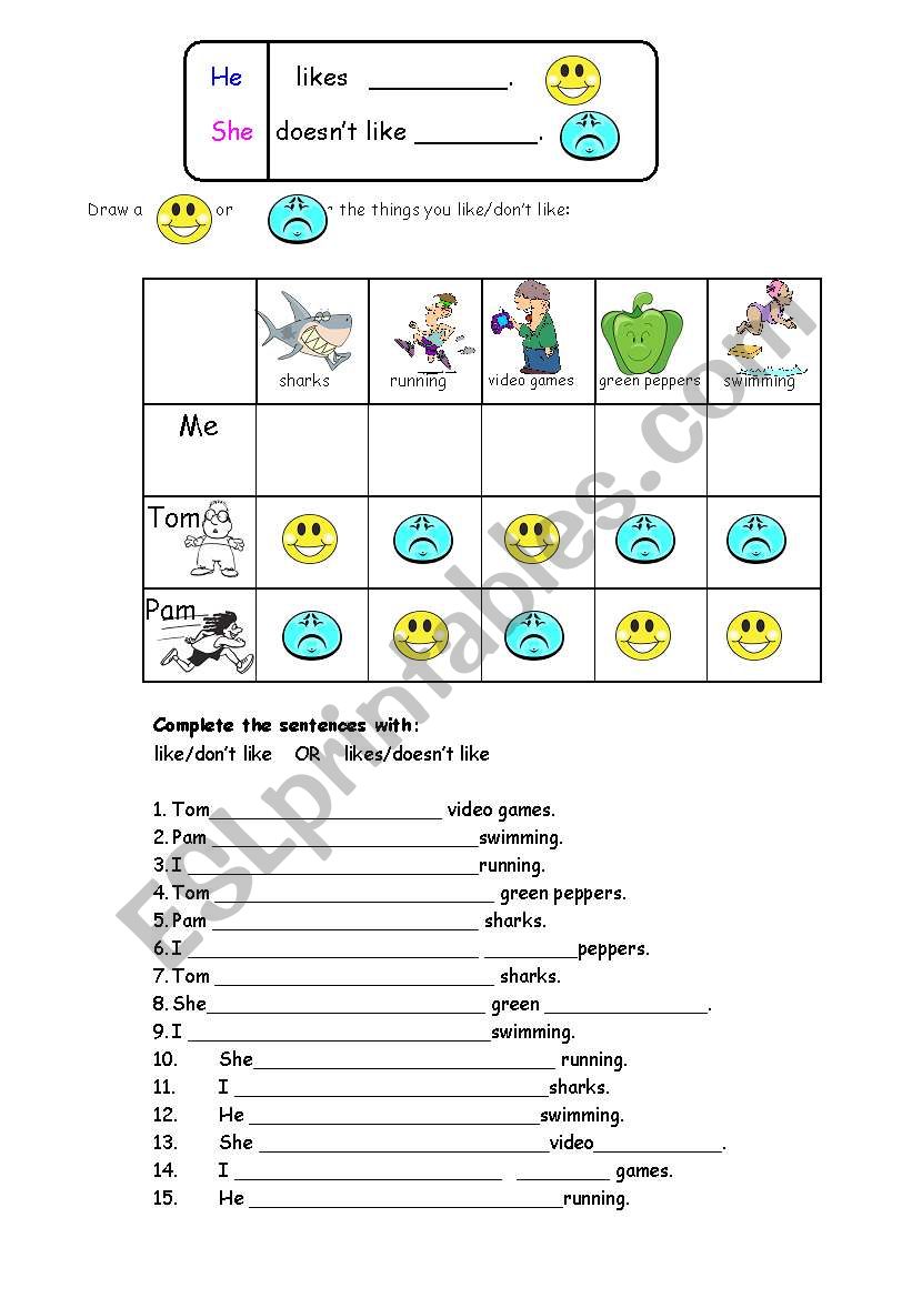 He Likesdoesnt Like Esl Worksheet By Pennybarker