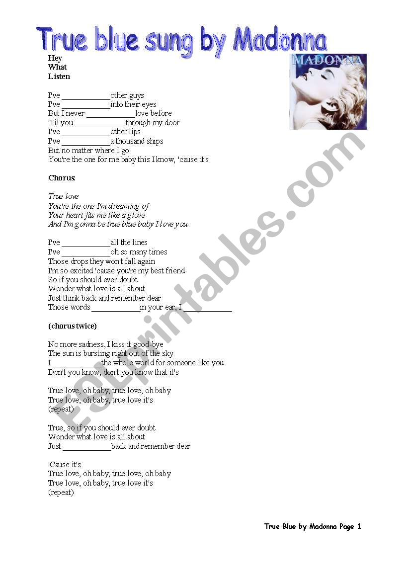 True Blue by Madonna worksheet