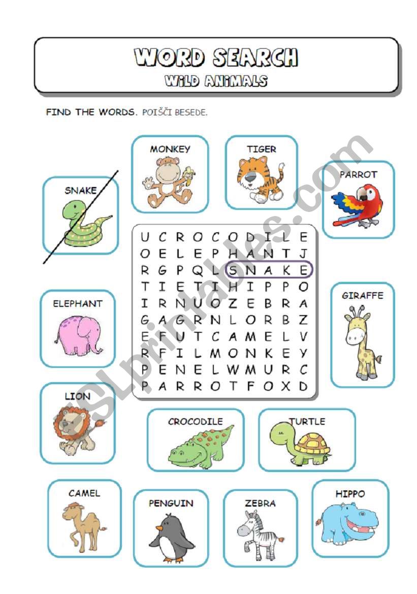 zoo animals word search allfreekidscraftscom - jungle animals word ...