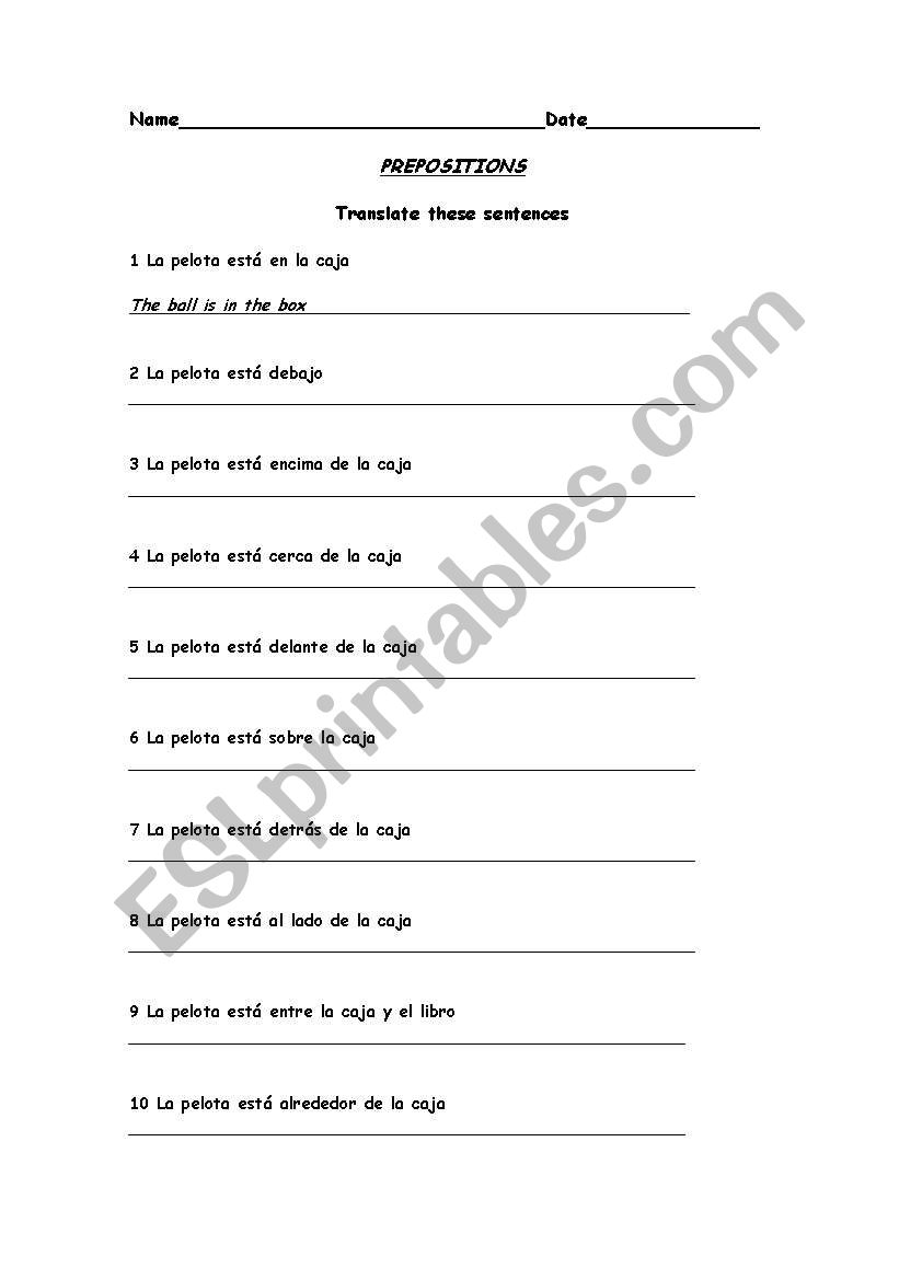 Prepositions  worksheet