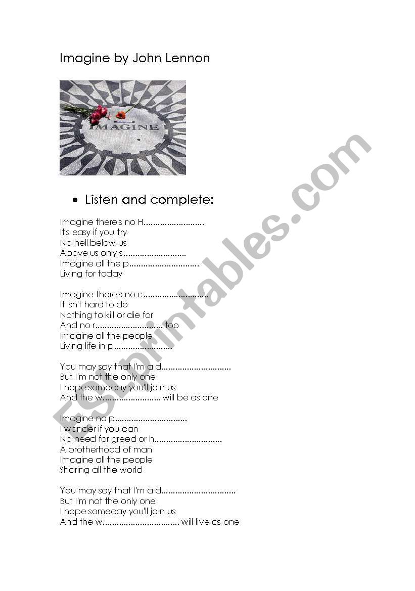 Imagine by John Lennon worksheet