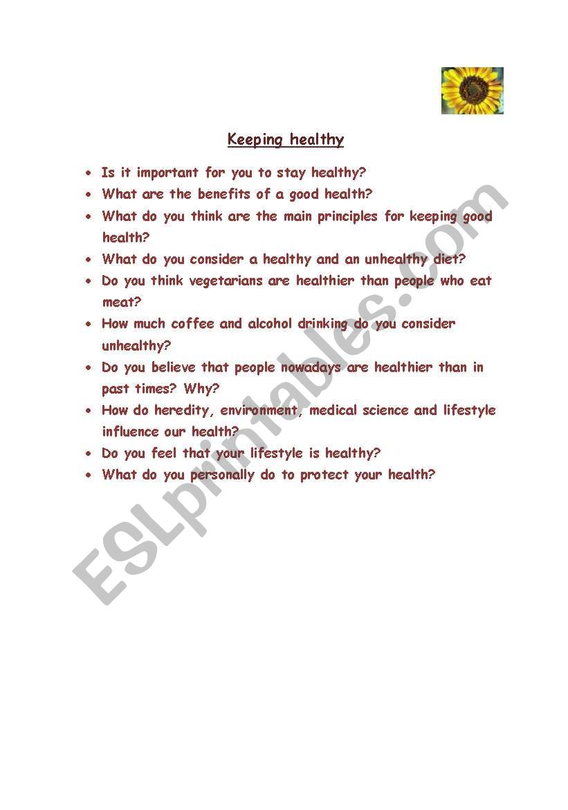 Keeping healthy worksheet