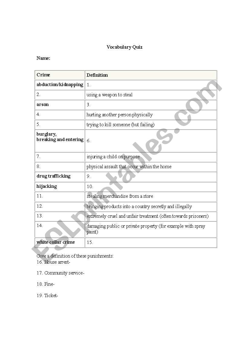 Crime and punishment quiz worksheet