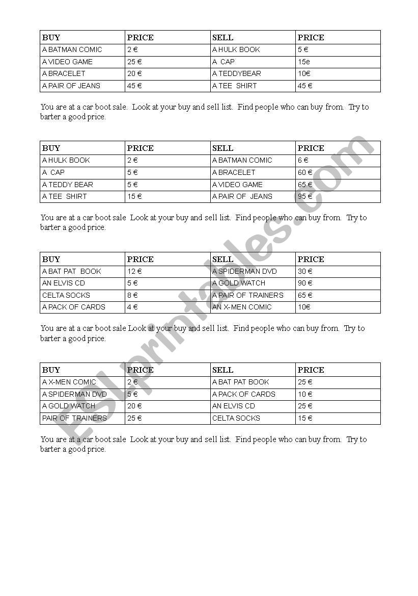 car boot sale lesson worksheet