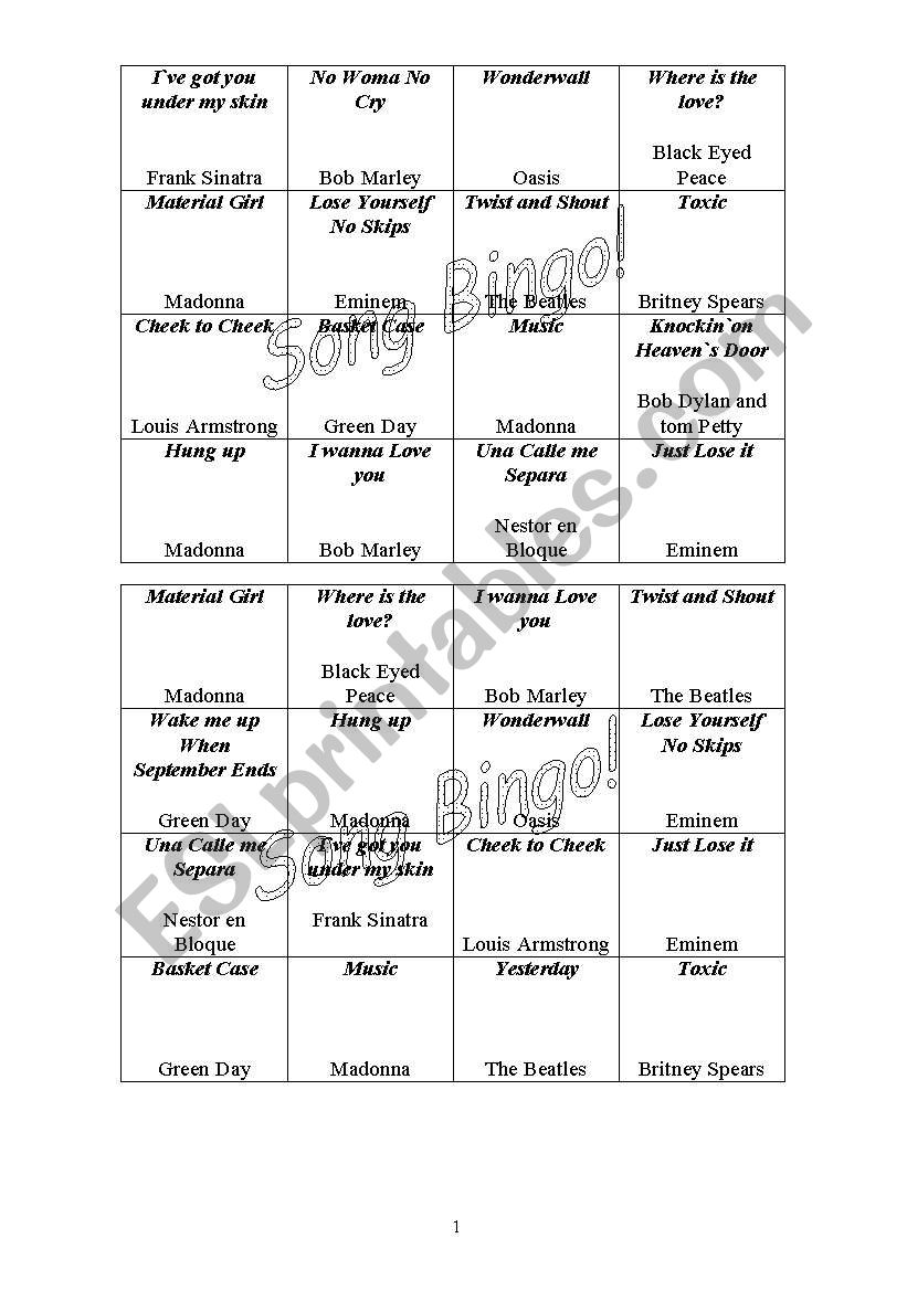 Song Bingo worksheet