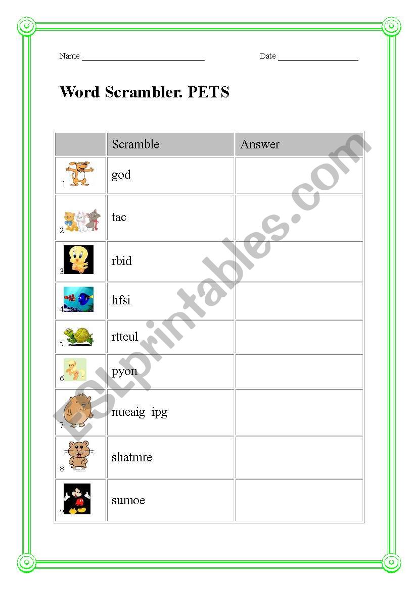 scrambled words worksheet