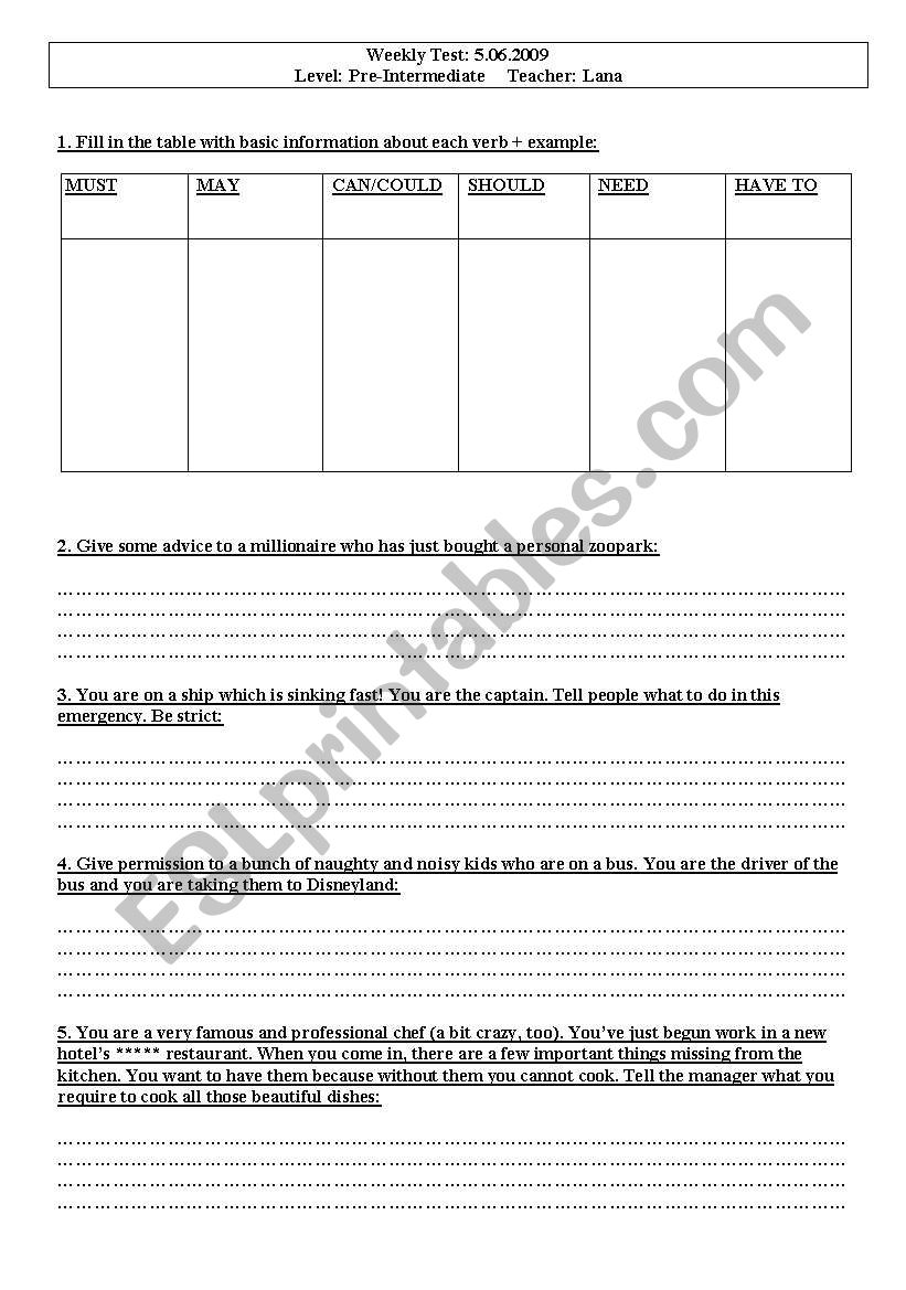 Modal Verbs Test worksheet