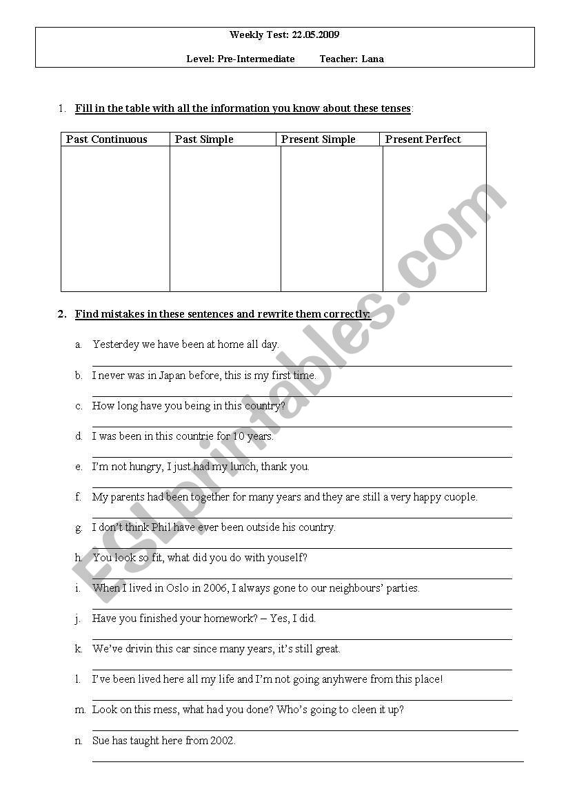 Present Perfect Test worksheet