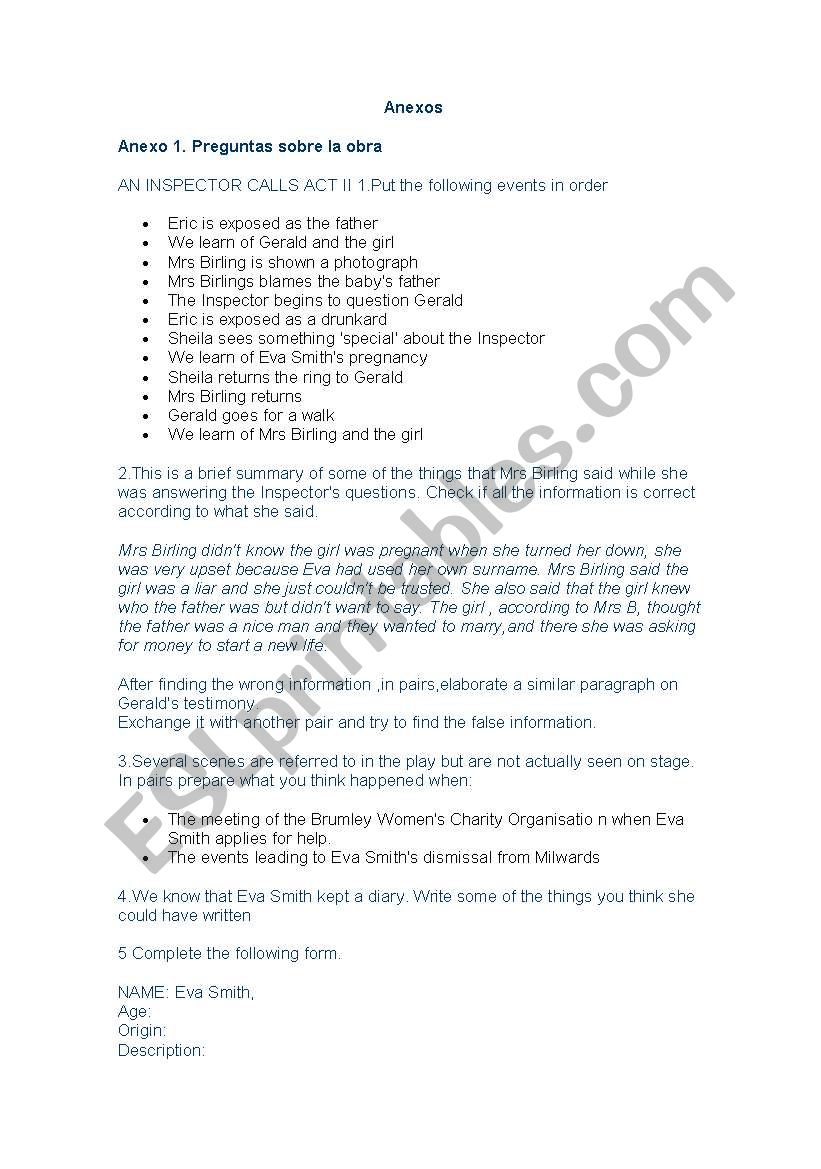 Resumen an inspectorr calls worksheet