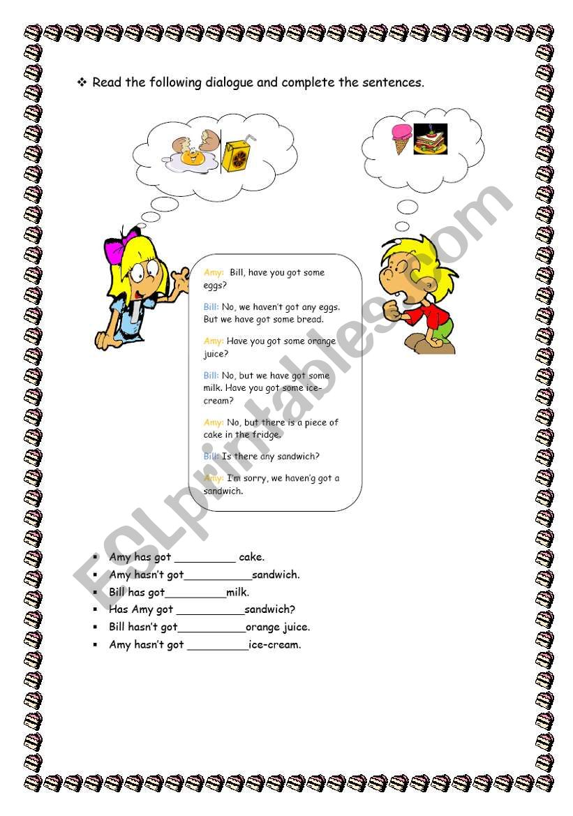 food and drinks worksheet