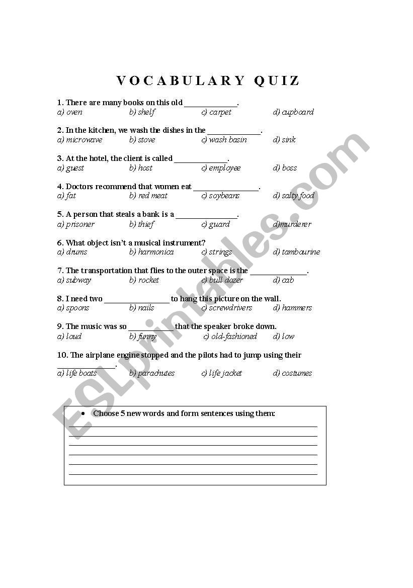 Vocabulary Quiz worksheet