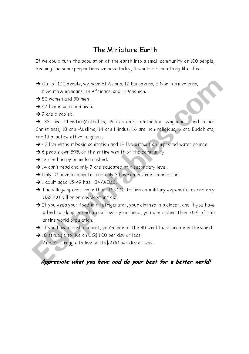 Miniature Earth worksheet worksheet