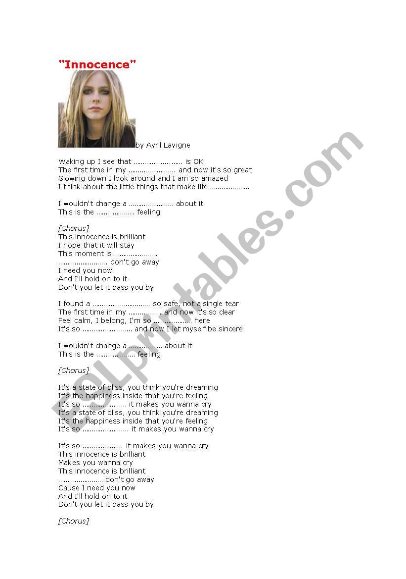 Innocence, by Avril Lavigne worksheet