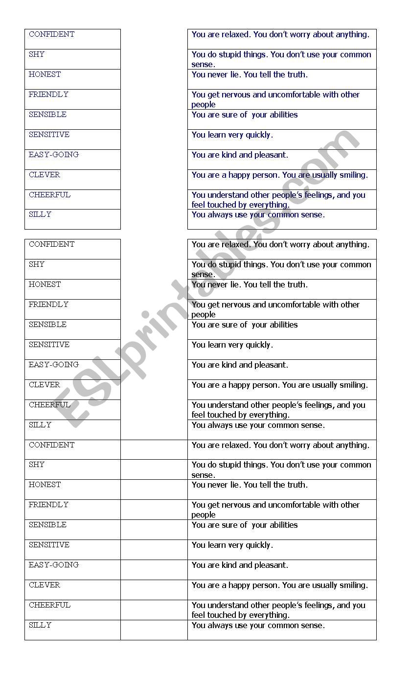 ADJECTIVES OF CHARACTER MATCH worksheet
