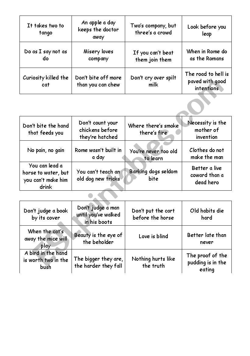 Bingo with proverbs worksheet