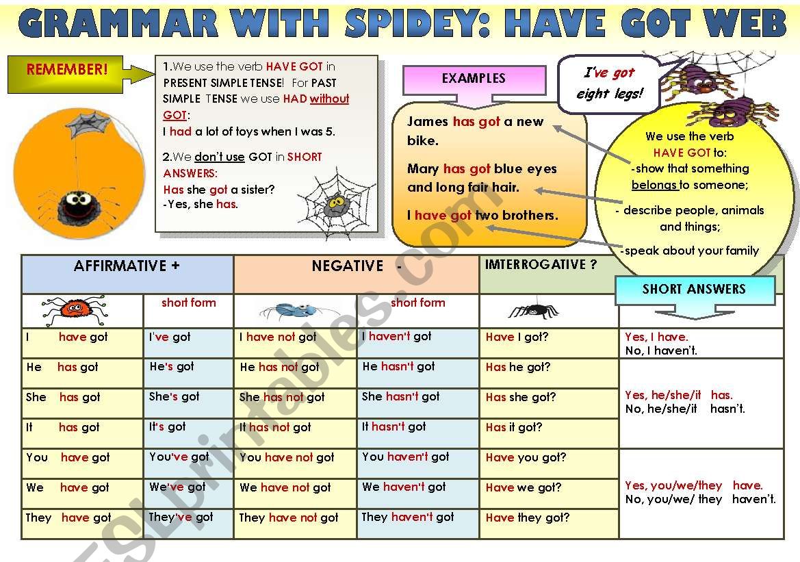 EASY GRAMMAR WITH SPIDEY! - HAVE GOT - FUNNY GRAMMAR-GUIDE FOR YOUNG LEARNERS IN A POSTER FORMAT (part 10)