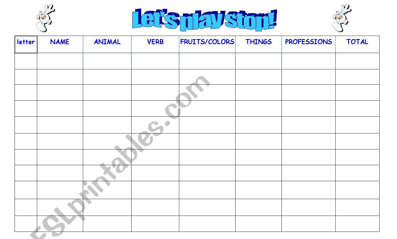 Lets play Stop! I worksheet