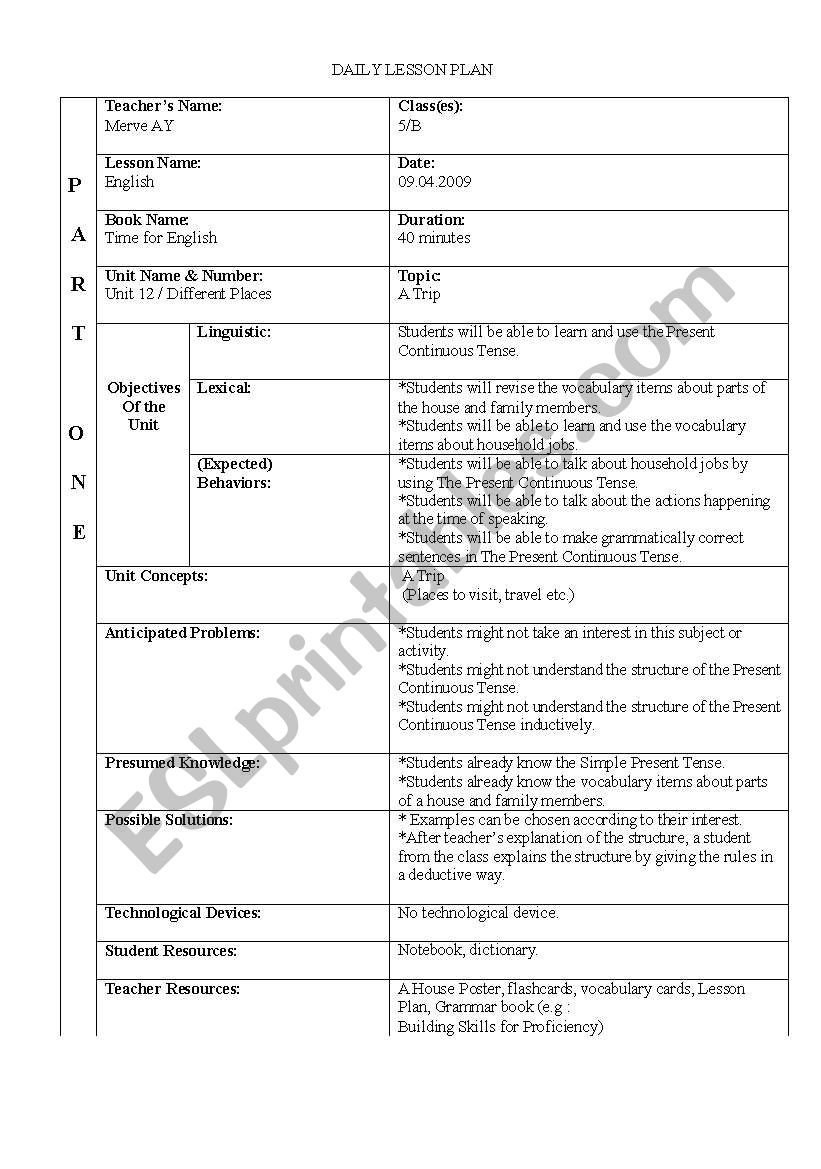 Daily lesson plan / The present continuous tense