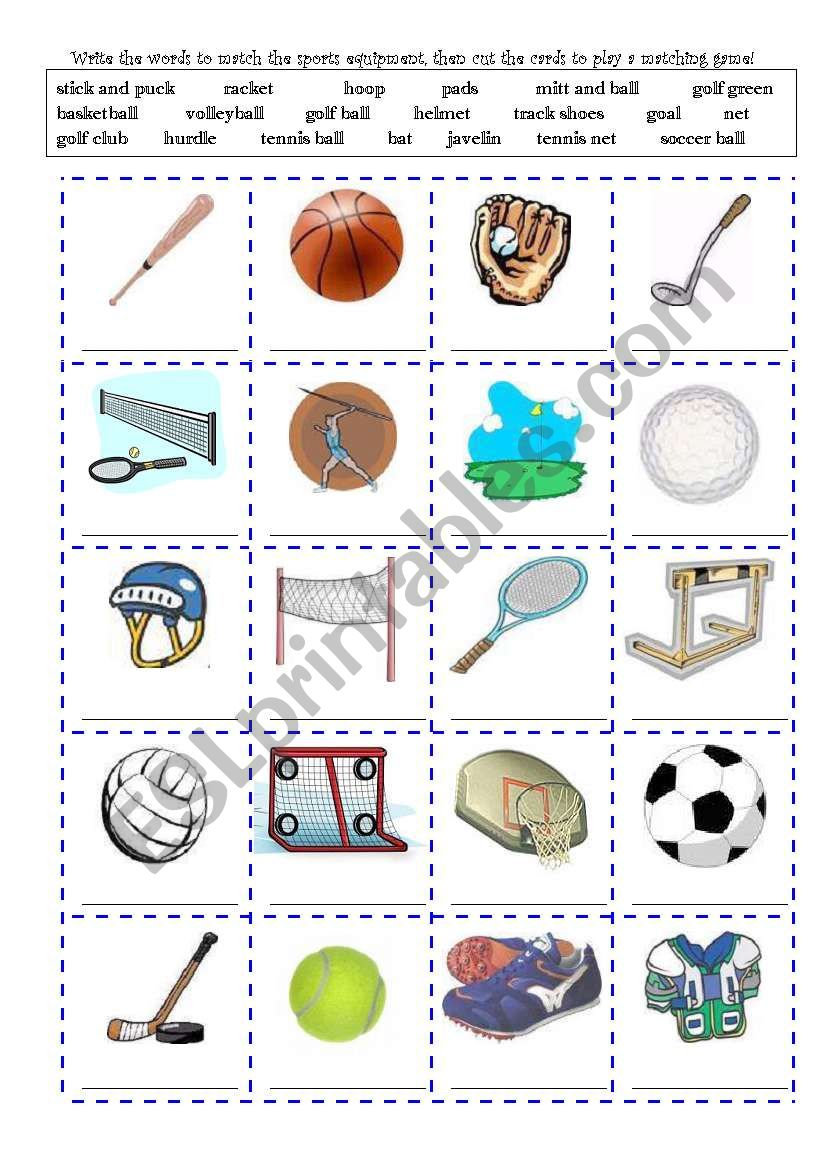 Sports Equipment and Actions Write and Cut-out Cards (2 pages + Backings)