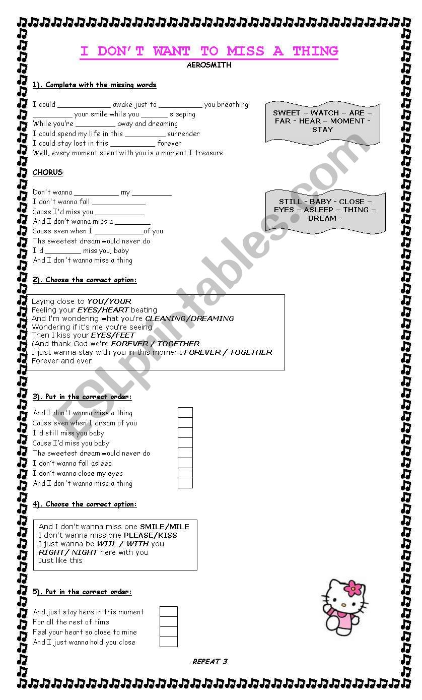 I DONÂ´T TO MISS A THING worksheet