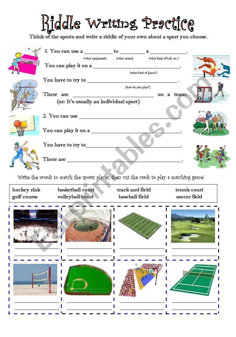 Sports Riddle writing practice and Places Cut-out Cards